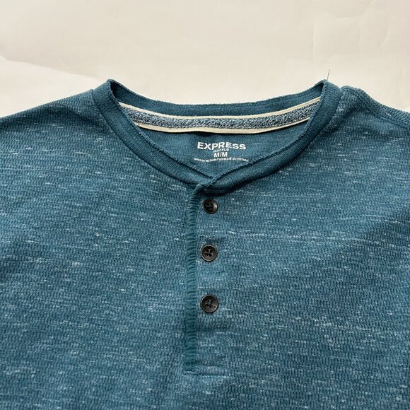 Lot of 2 Express Waffle Henley Shirt Mens sz M Gray & Teal Heathered Thermal Top - Picture 3 of 16